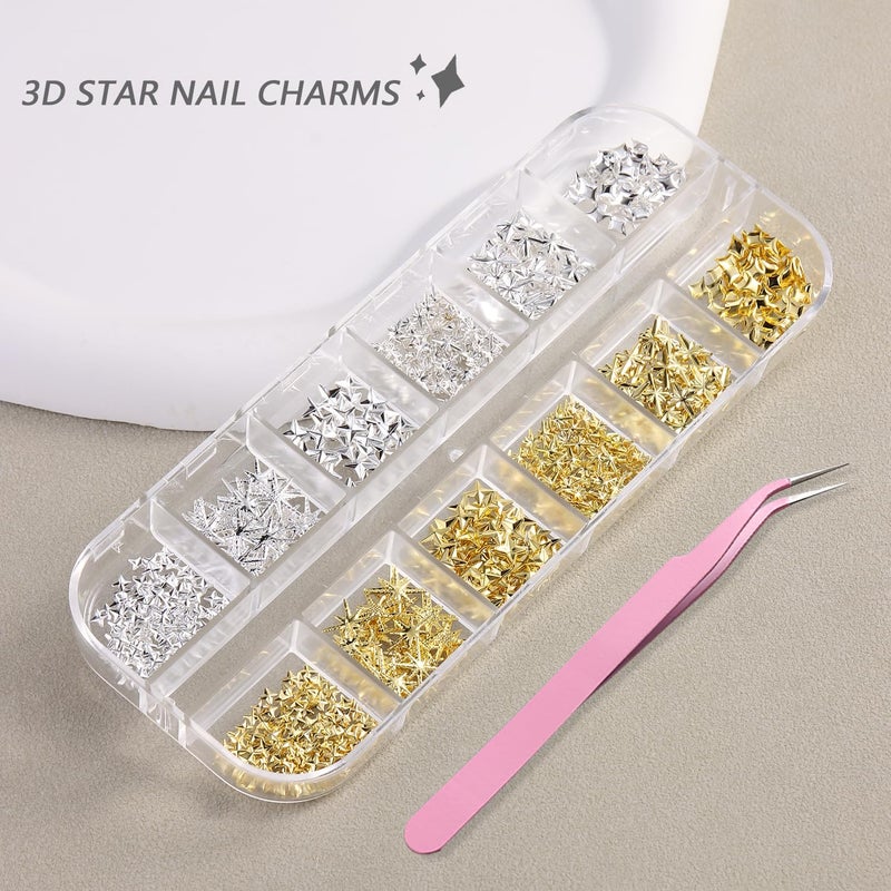 furtherpretty Gold Star Nail Charms, 3D Silver Nail Charms Metal Studs Cross Star Celestial Nail Decorations, Flat-Back Nail Art Accessories with Tweezers for Women, Manicure Salon Supplies - Image 2